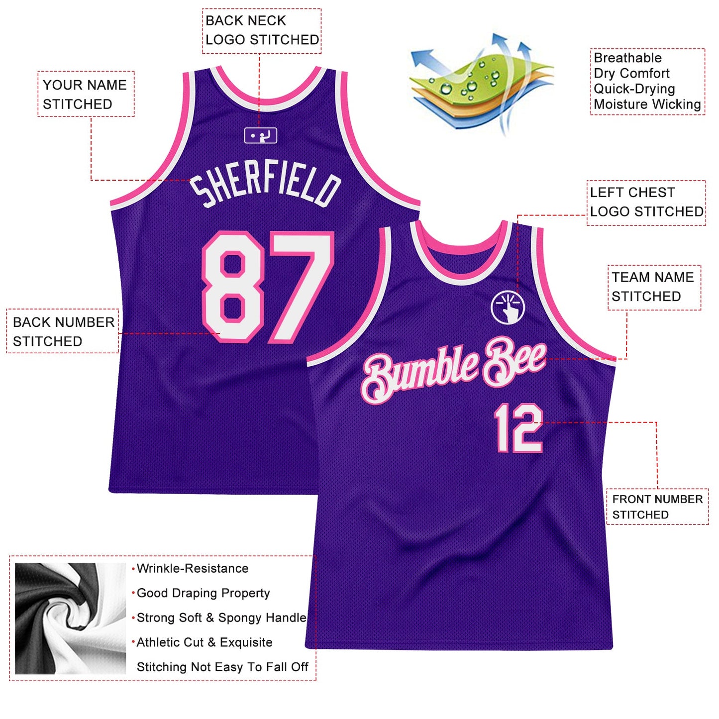 Custom Purple White-Pink Authentic Throwback Basketball Jersey view 2