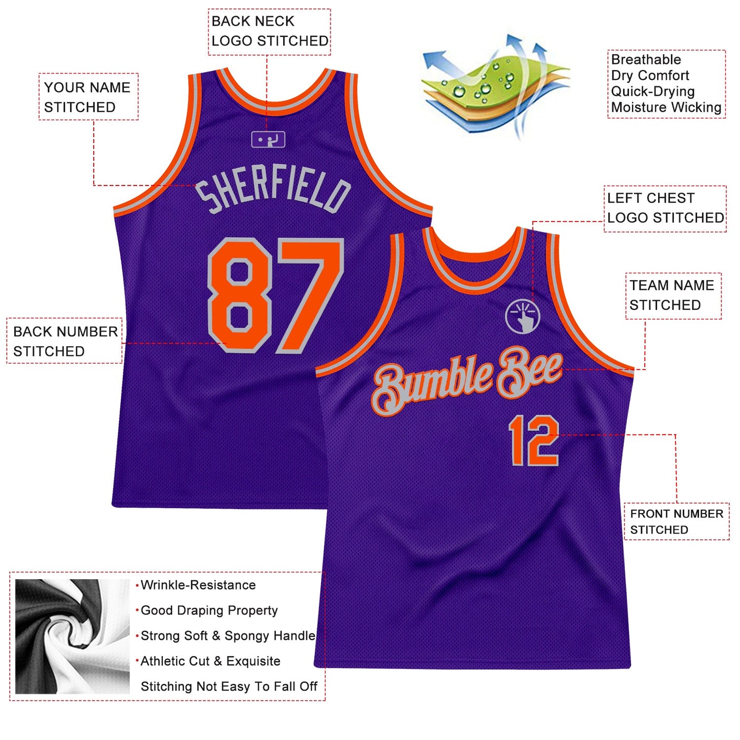 Custom Purple Orange-Gray Authentic Throwback Basketball Jersey view 2