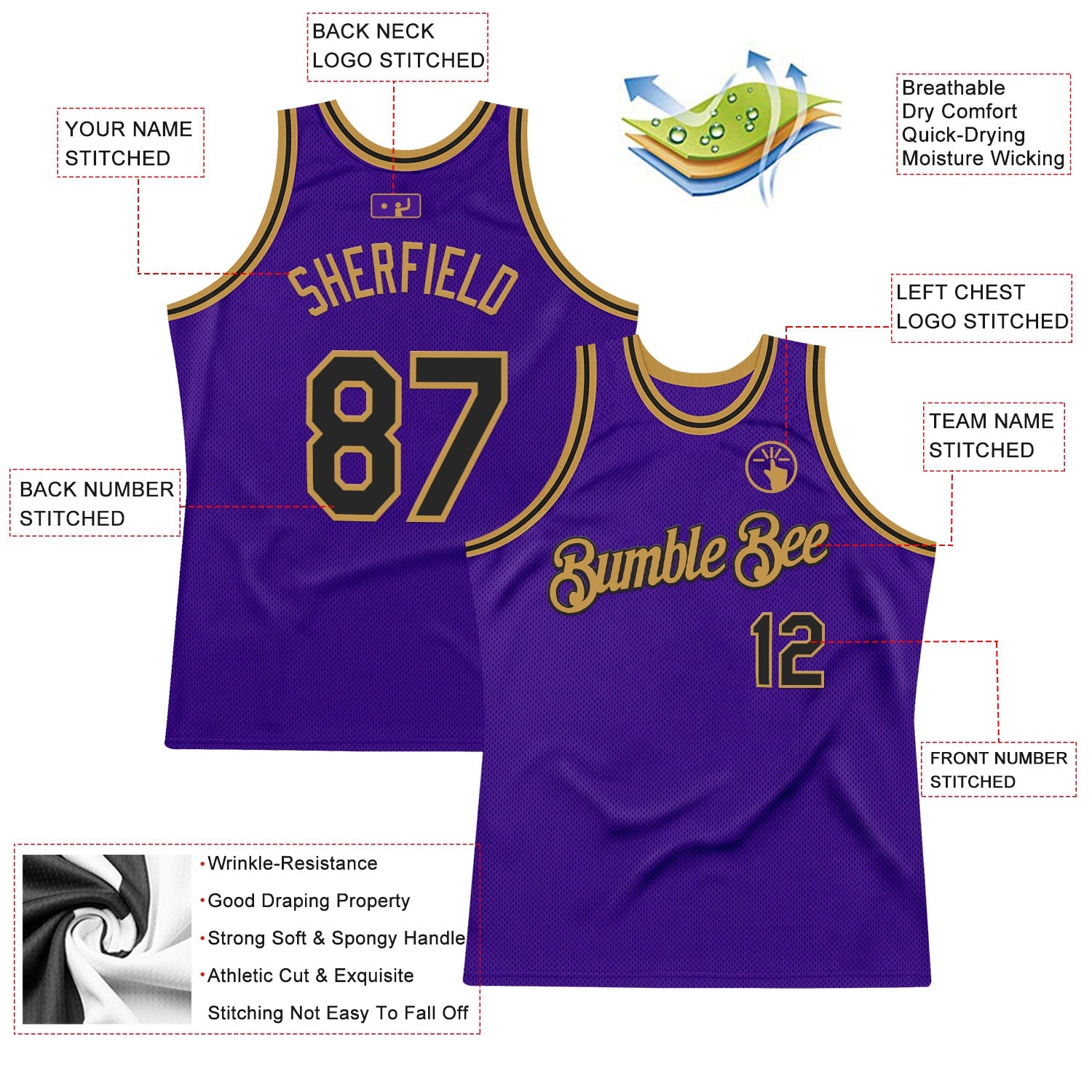 Custom Purple Black-Old Gold Authentic Throwback Basketball Jersey view 2