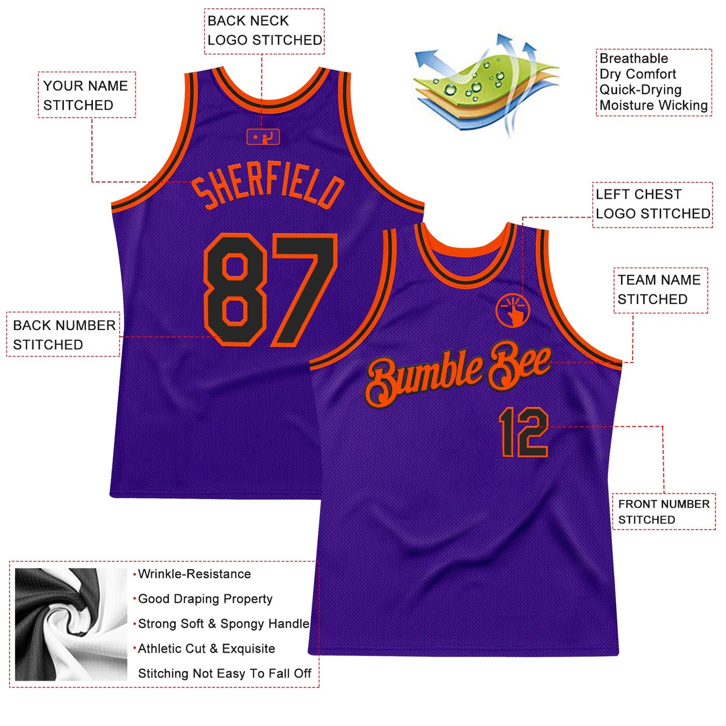 Custom Purple Black-Orange Authentic Throwback Basketball Jersey view 2