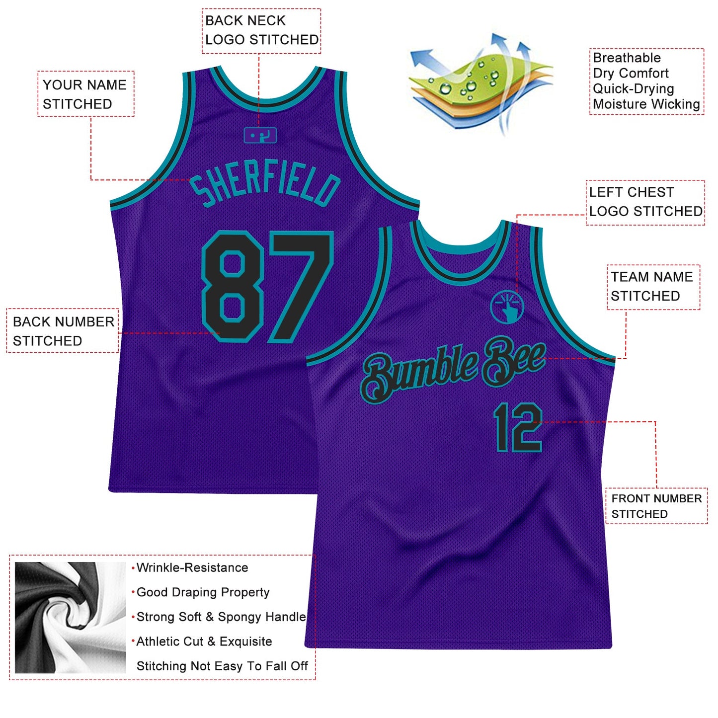 Custom Purple Black-Teal Authentic Throwback Basketball Jersey view 2