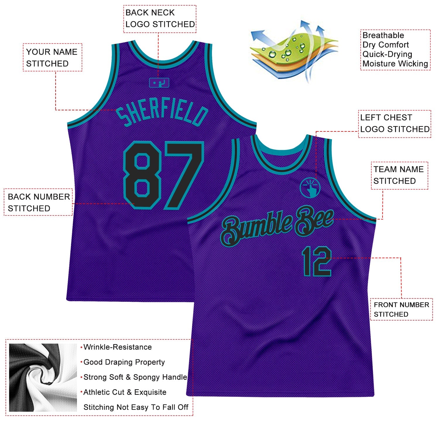 Custom Purple Black-Teal Authentic Throwback Basketball Jersey view 2