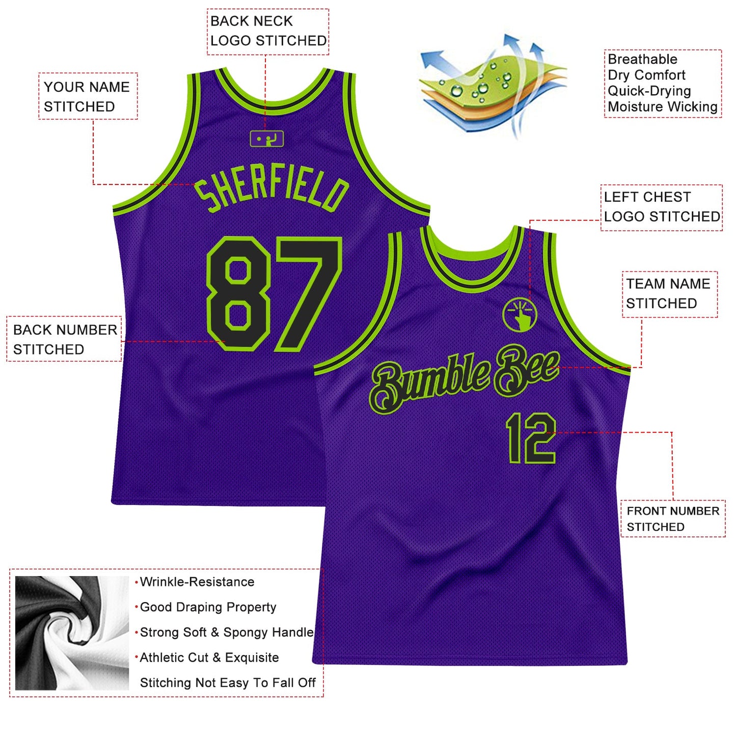 Custom Purple Black-Neon Green Authentic Throwback Basketball Jersey view 2