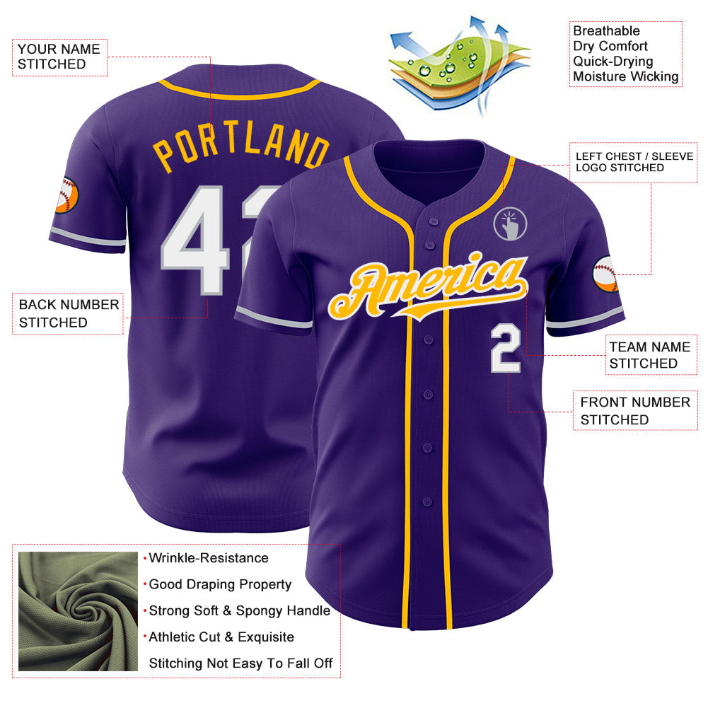 Custom Purple White Gray-Gold Authentic Baseball Jersey view 3