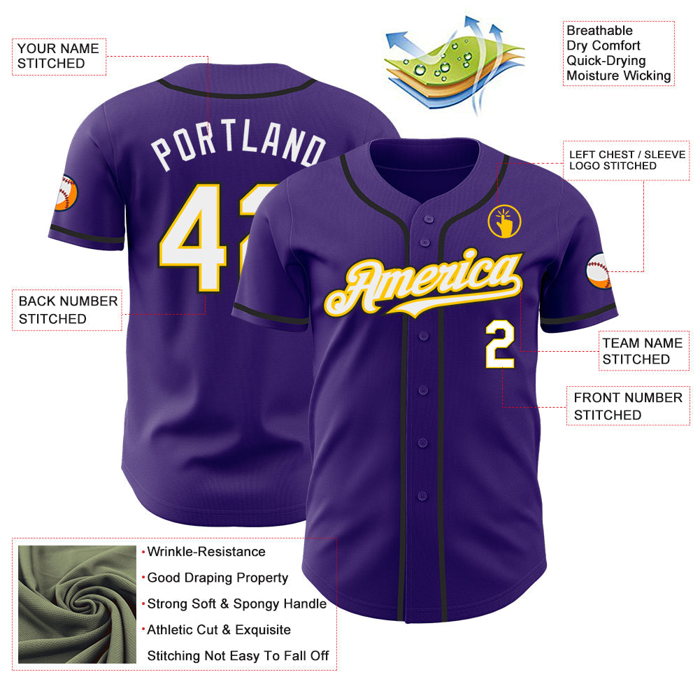 Custom Purple White Yellow-Black Authentic Baseball Jersey view 3