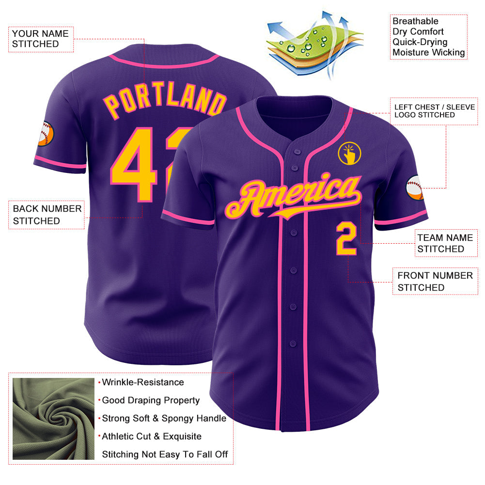 Custom Purple Yellow-Pink Authentic Baseball Jersey view 3