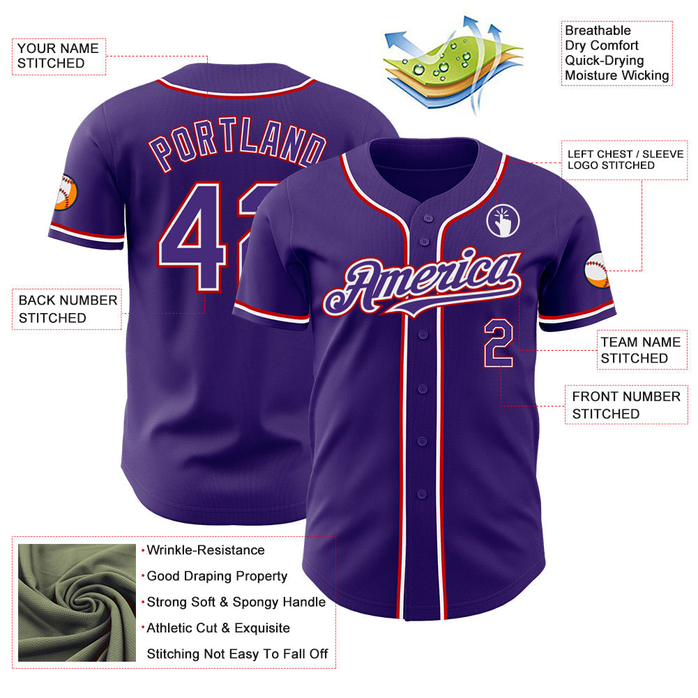 Custom Purple White-Red Authentic Baseball Jersey view 3