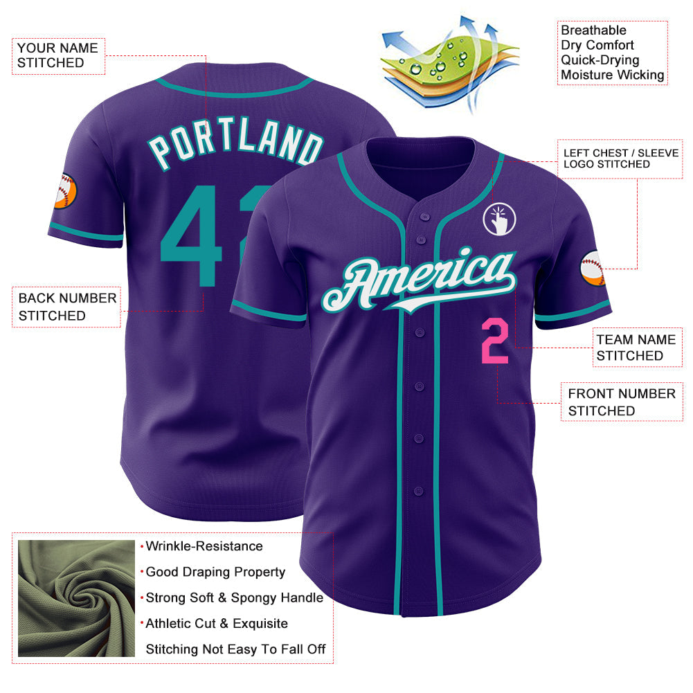 Custom Purple Teal Pink-White Authentic Baseball Jersey view 3
