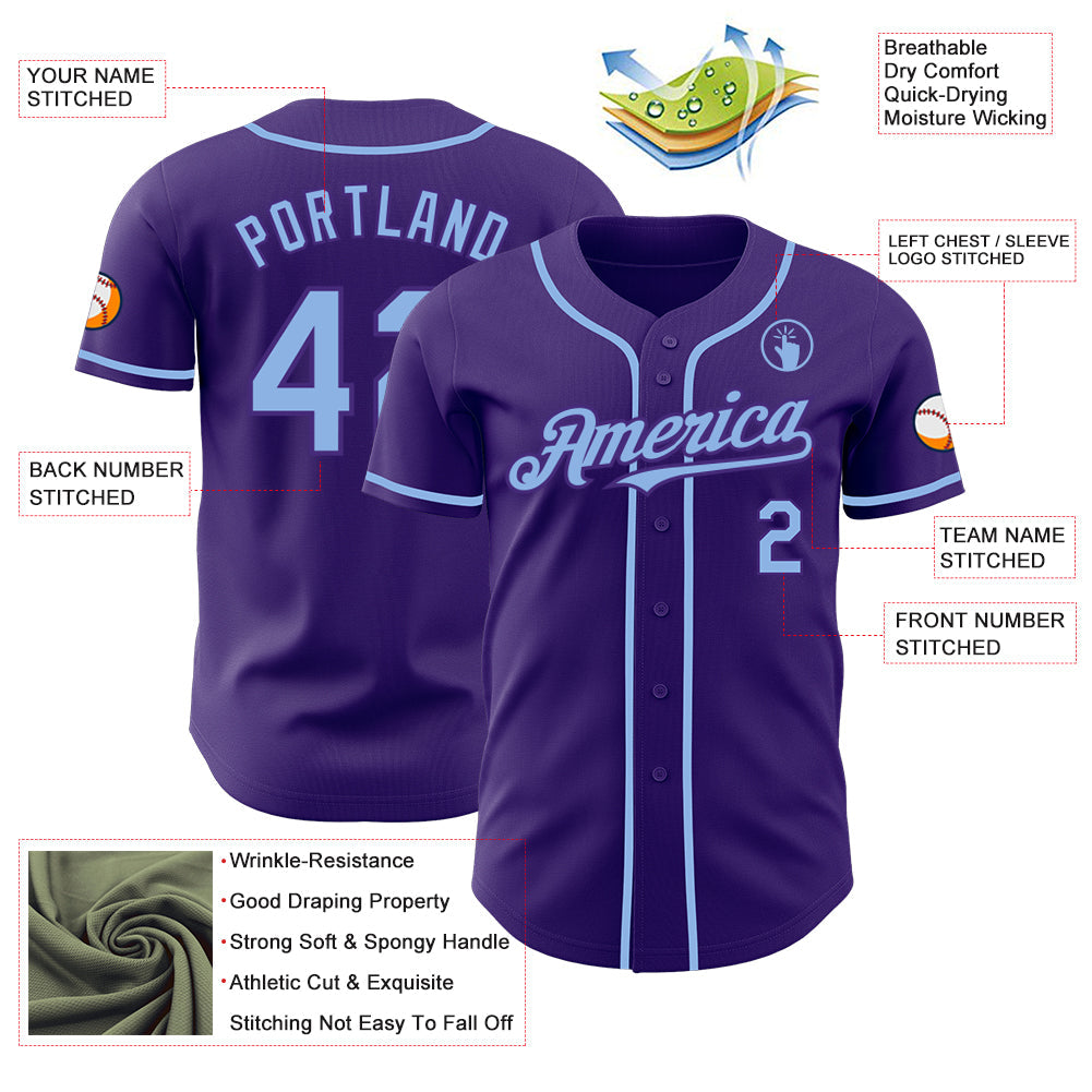 Custom Purple Light Blue Authentic Baseball Jersey view 3