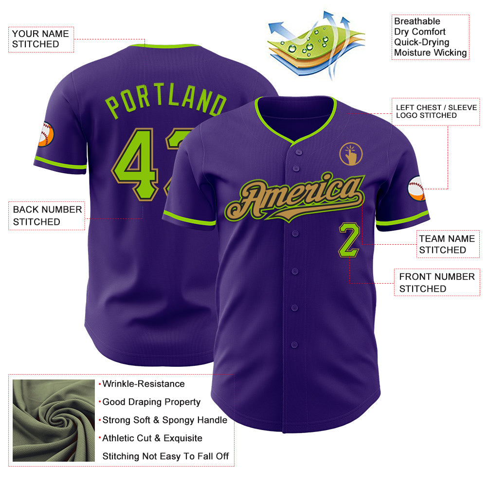 Custom Purple Neon Green Black-Old Gold Authentic Baseball Jersey view 3