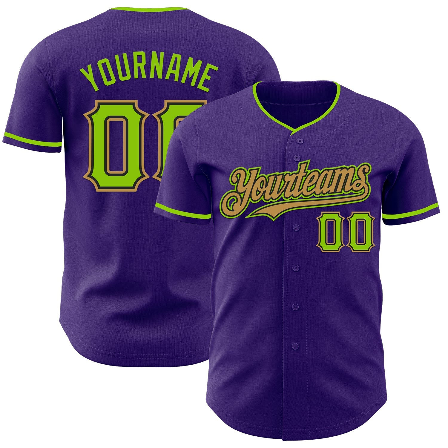 Custom Purple Neon Green Black-Old Gold Authentic Baseball Jersey - Main View