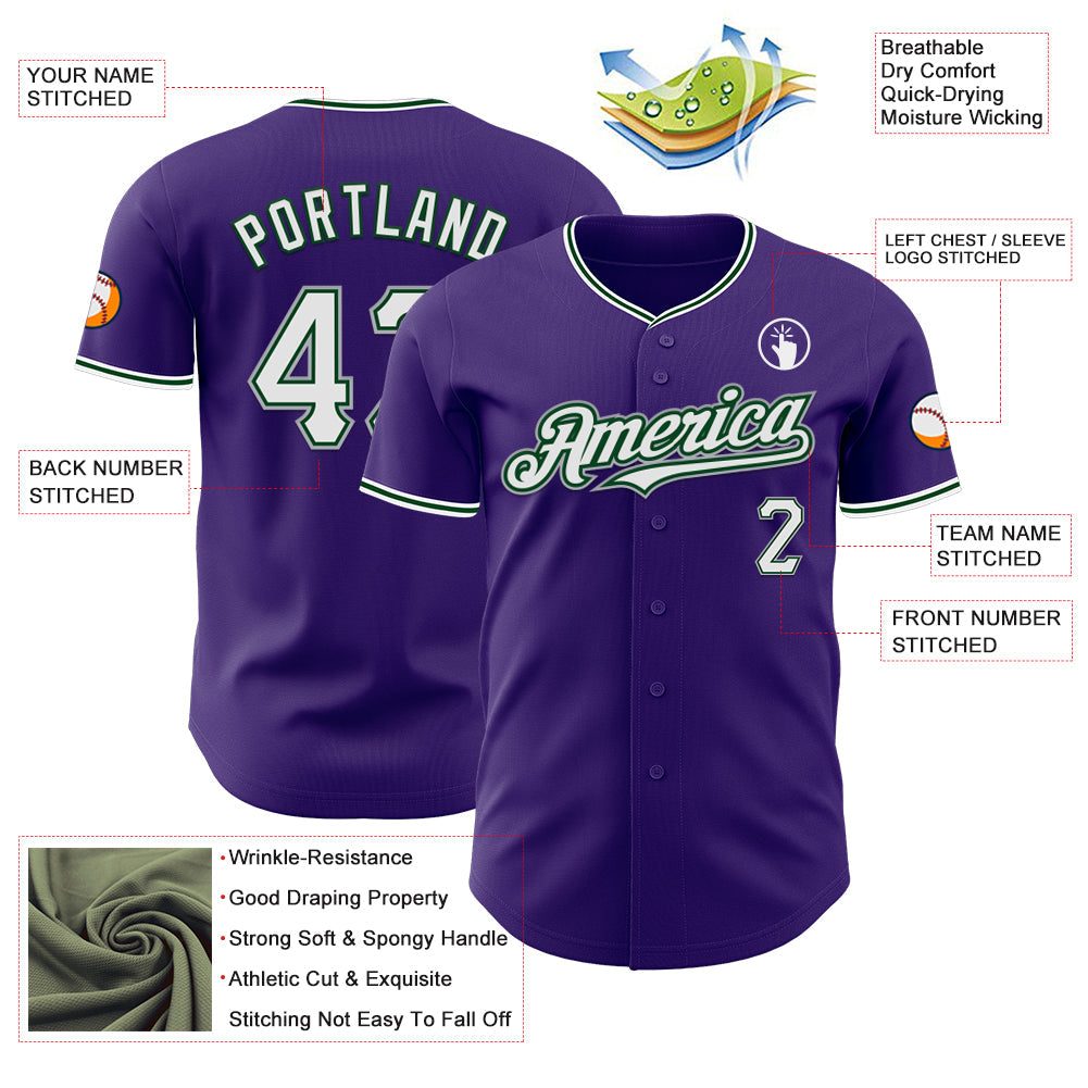 Custom Purple White Green-Gray Authentic Baseball Jersey view 3