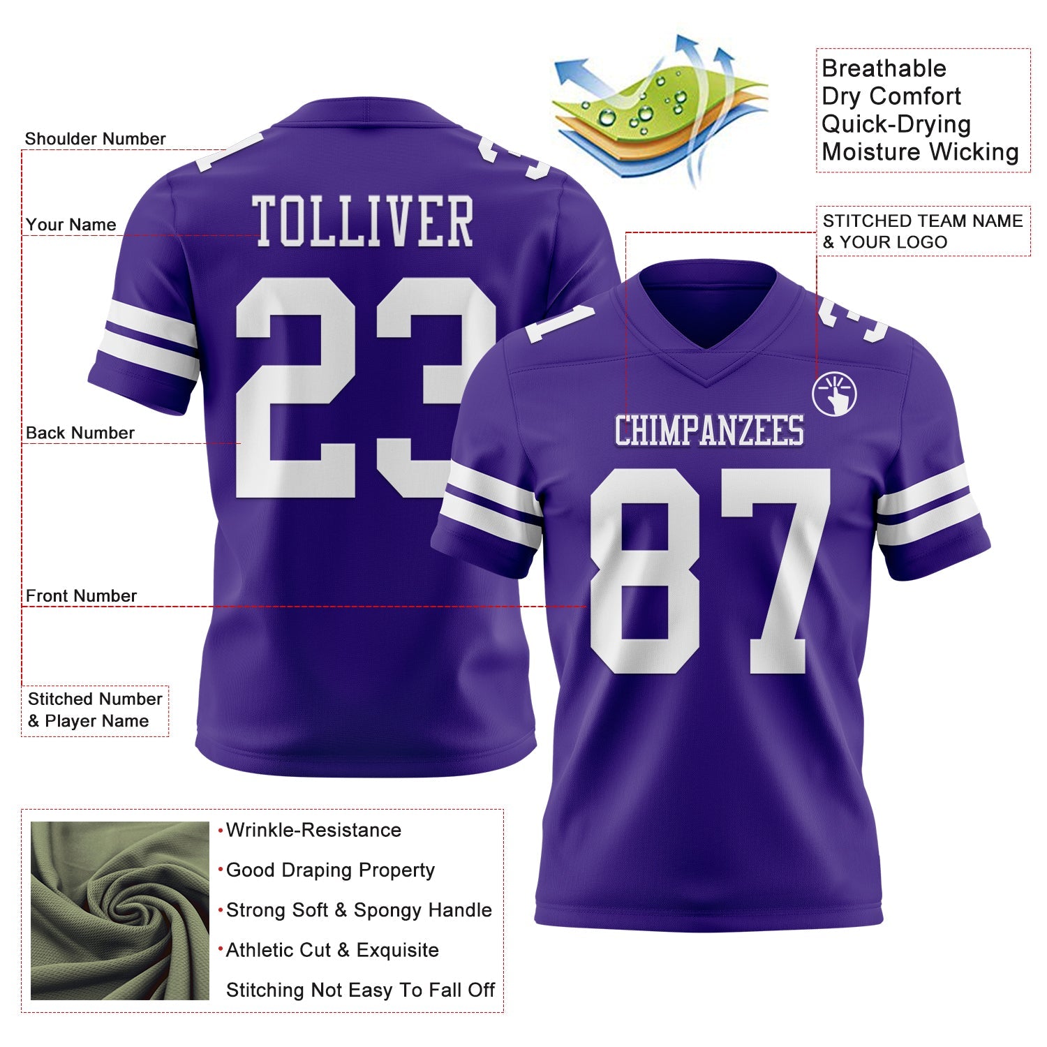Custom Purple White Authentic Football Jersey view 3