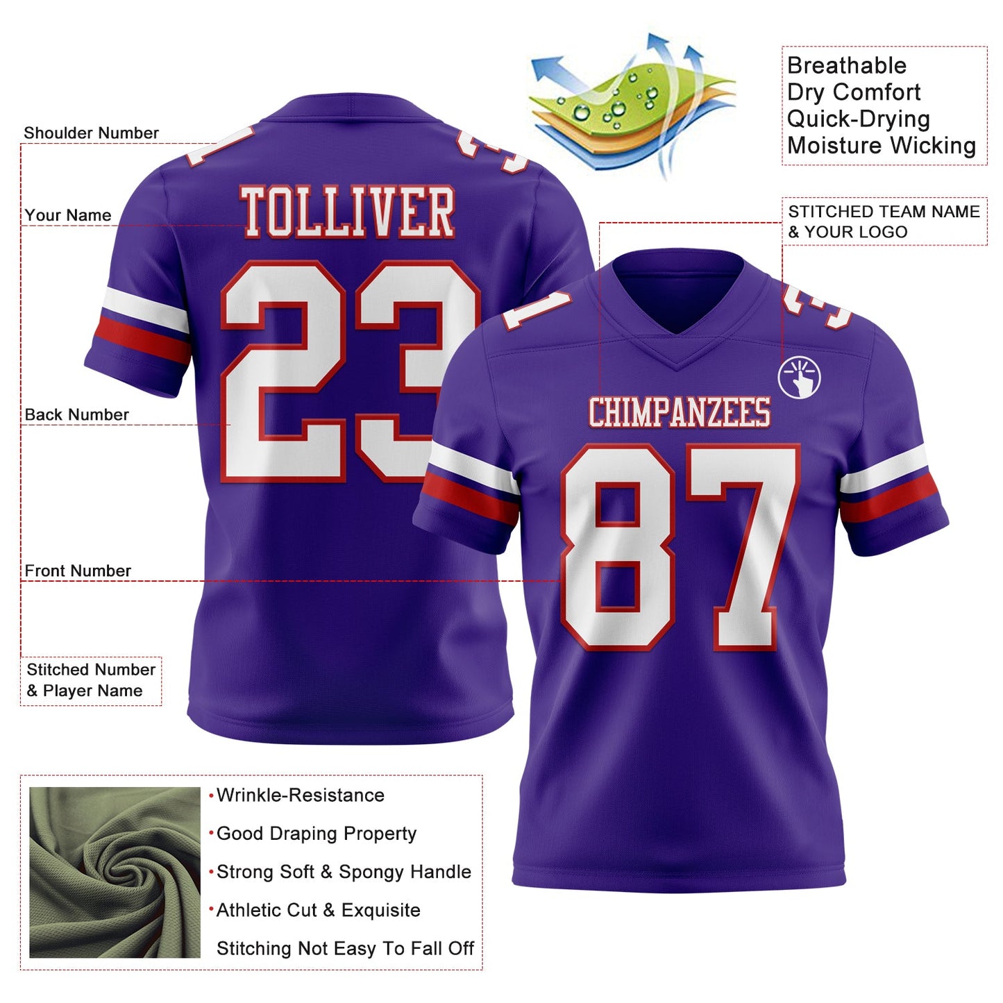 Custom Purple White-Red Authentic Football Jersey view 3