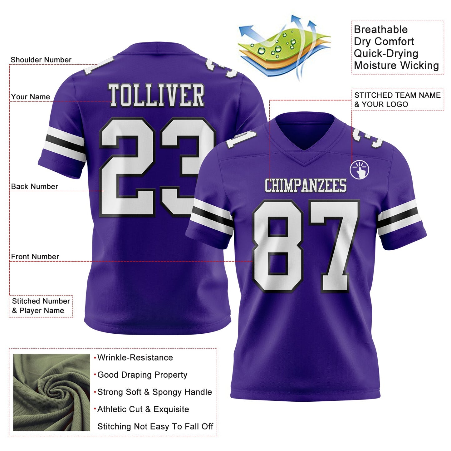 Custom Purple White-Black Authentic Football Jersey view 3