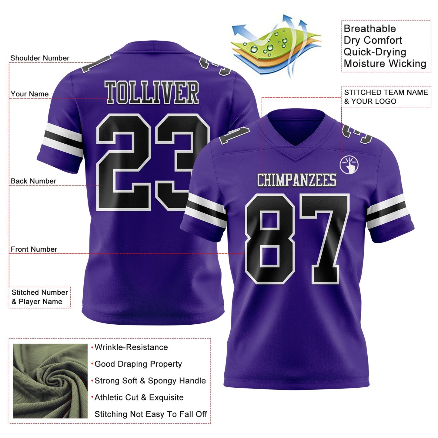 Custom Purple Black-White Authentic Football Jersey view 3