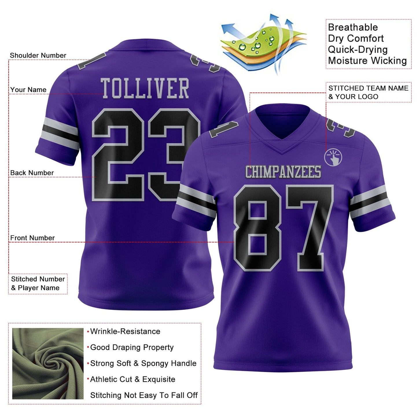 Custom Purple Black-Gray Authentic Football Jersey view 3