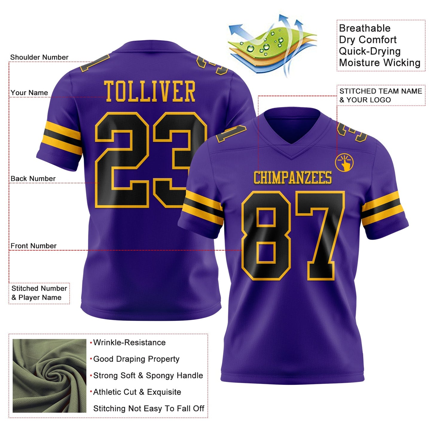 Custom Purple Black-Gold Authentic Football Jersey view 3