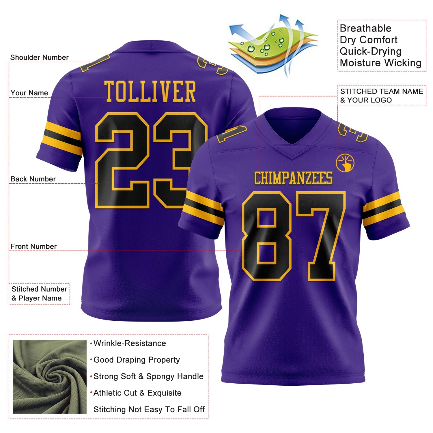 Custom Purple Black-Gold Authentic Football Jersey view 3