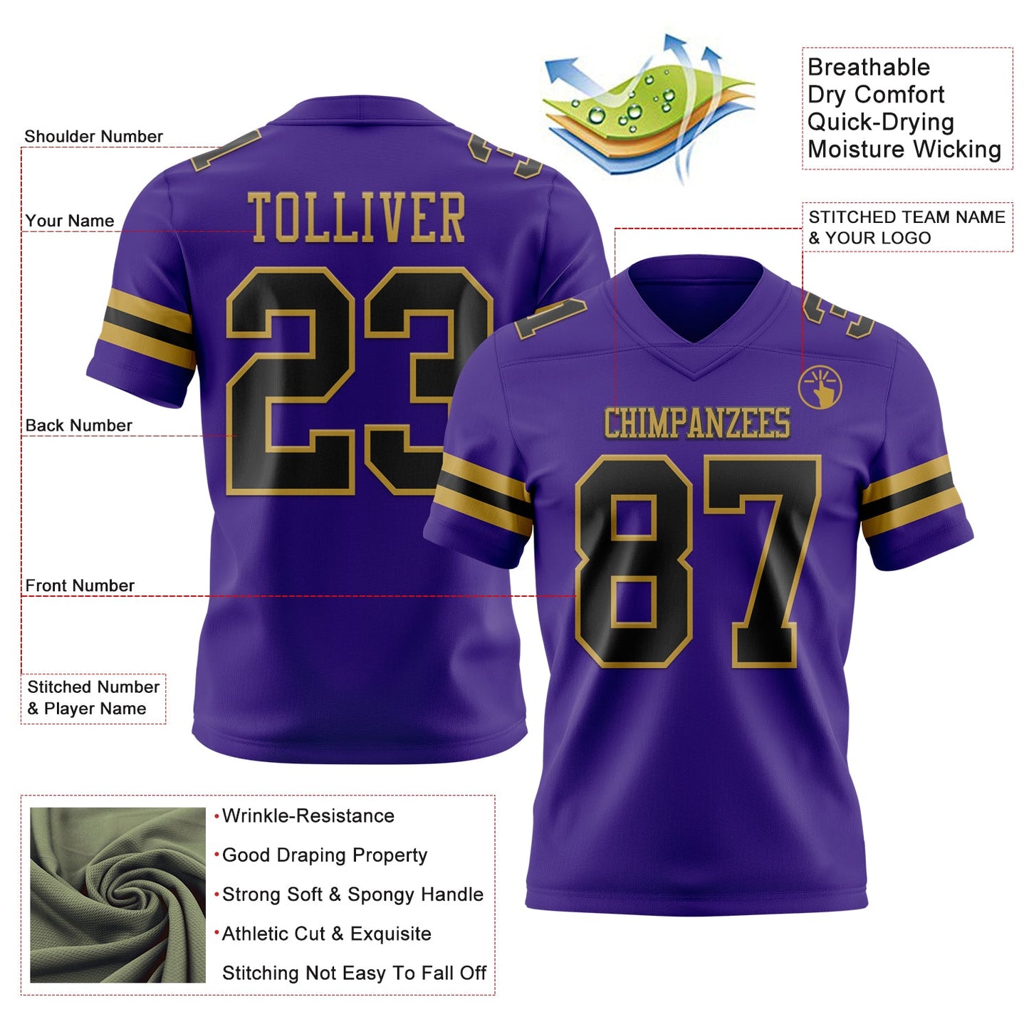 Custom Purple Black-Old Gold Authentic Football Jersey view 3