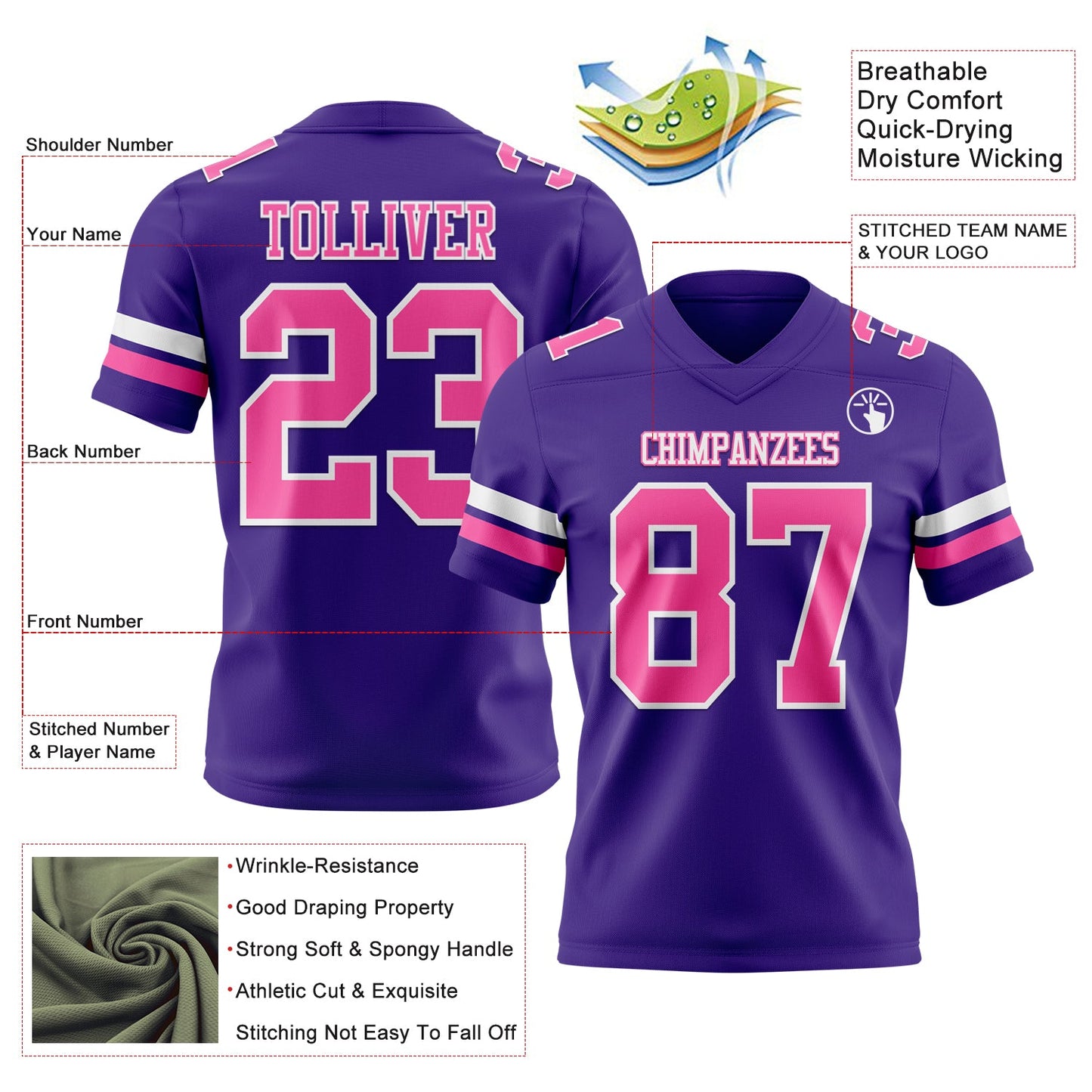 Custom Purple Pink-White Authentic Football Jersey view 3