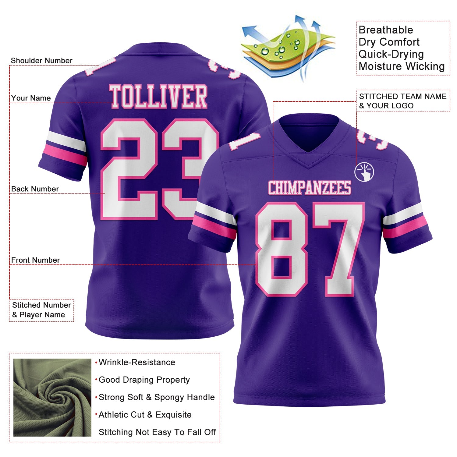 Custom Purple White-Pink Authentic Football Jersey view 3