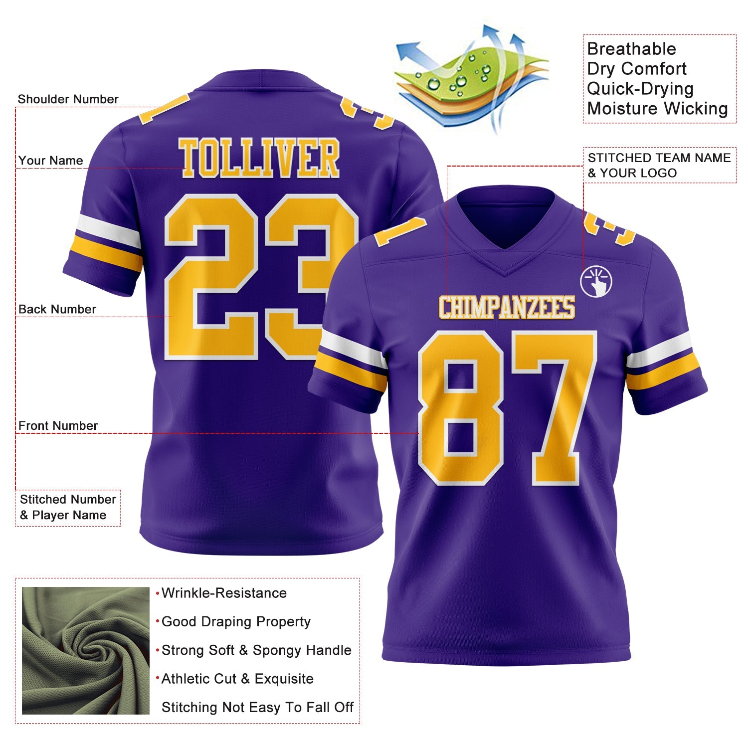 Custom Purple Gold-White Authentic Football Jersey view 3