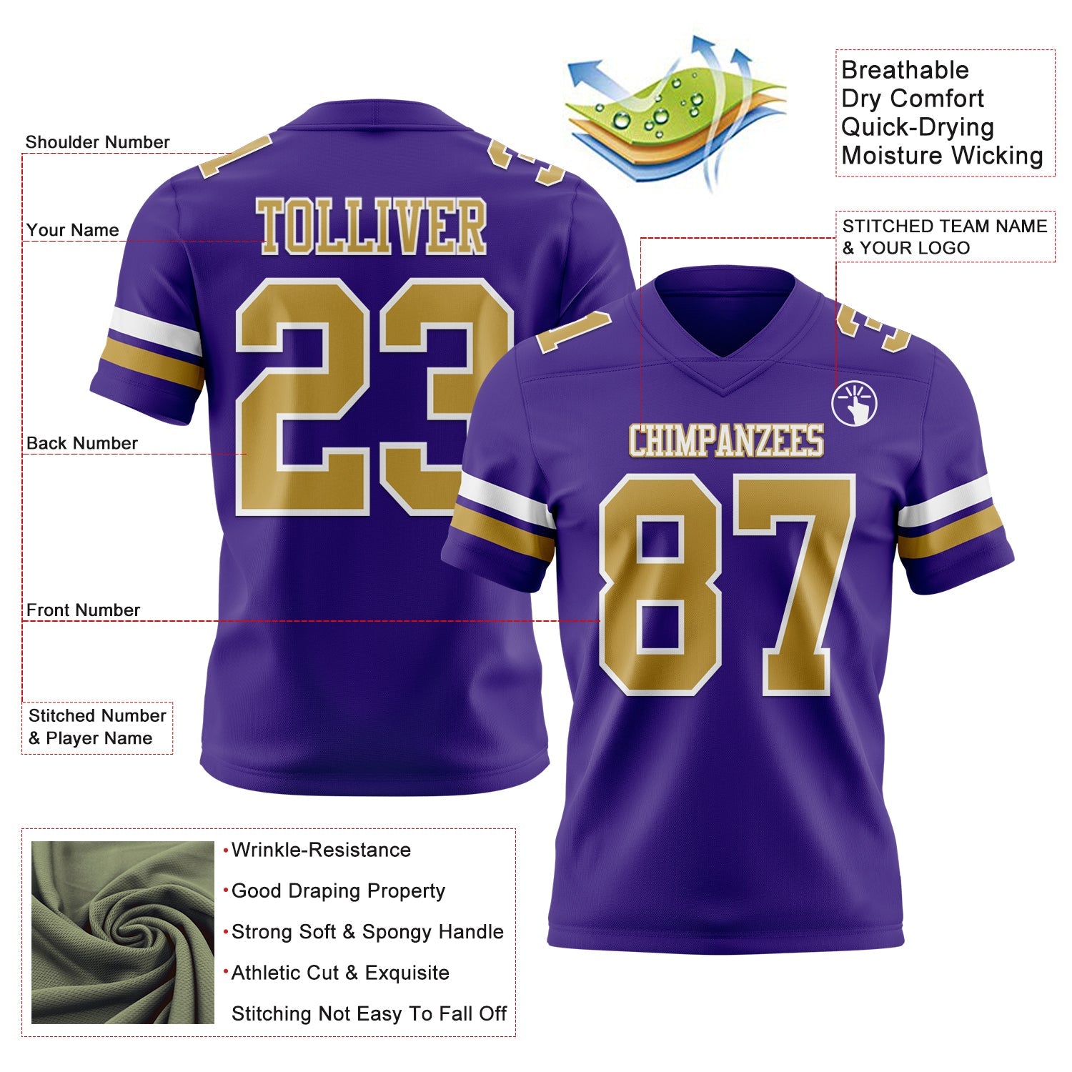 Custom Purple Old Gold-White Authentic Football Jersey view 3