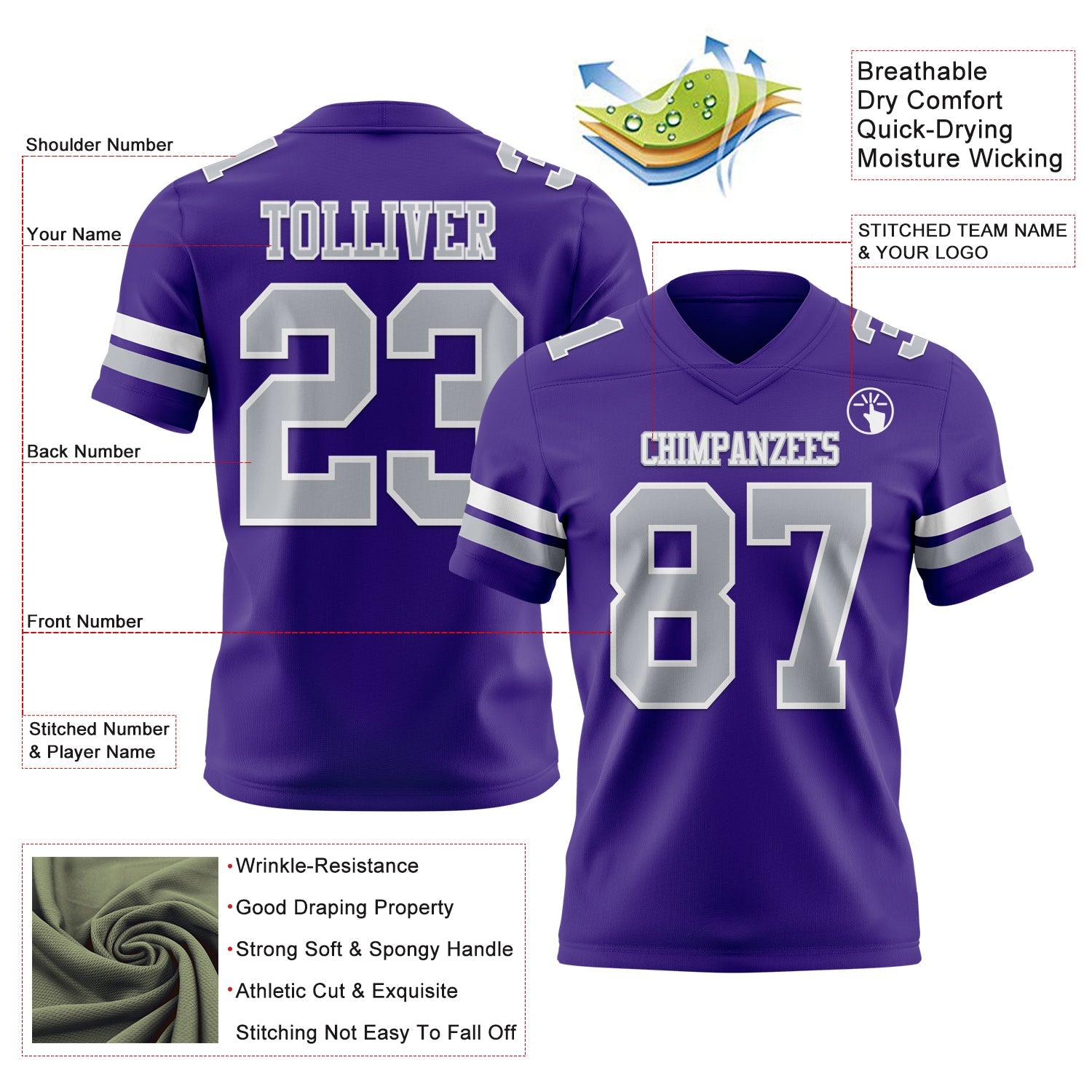 Custom Purple Gray-White Authentic Football Jersey view 3