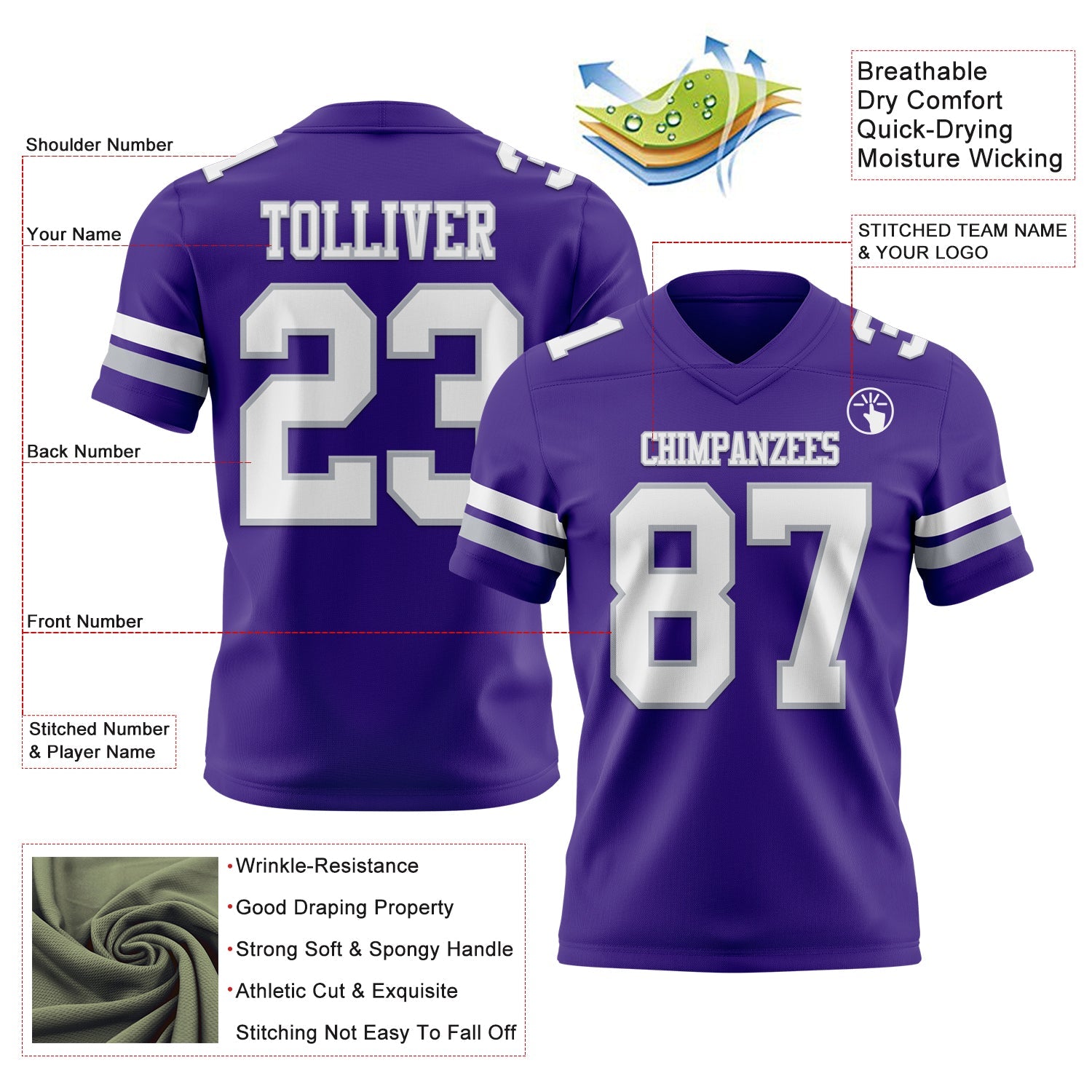 Custom Purple White-Gray Authentic Football Jersey view 3