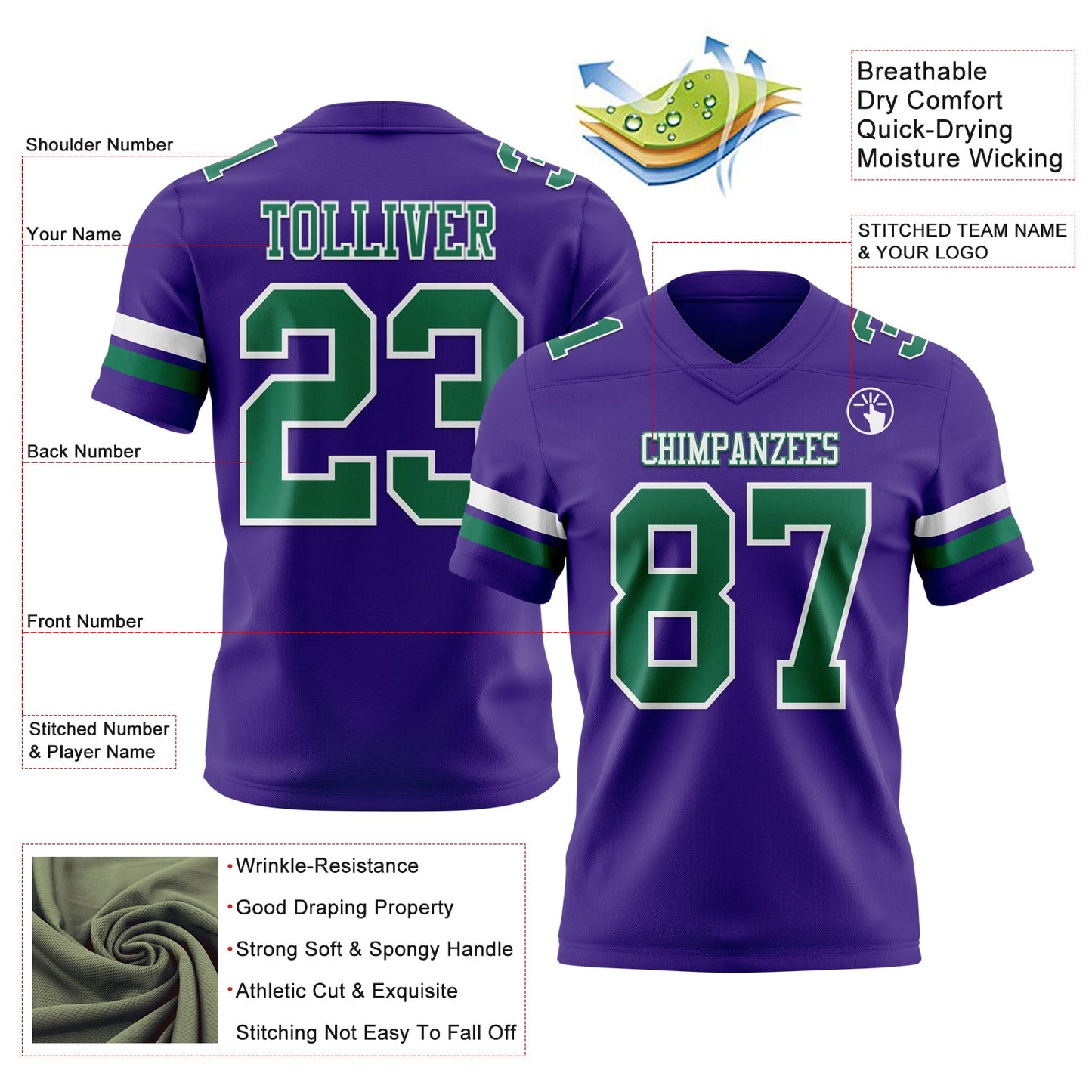 Custom Purple Kelly Green-White Authentic Football Jersey view 3
