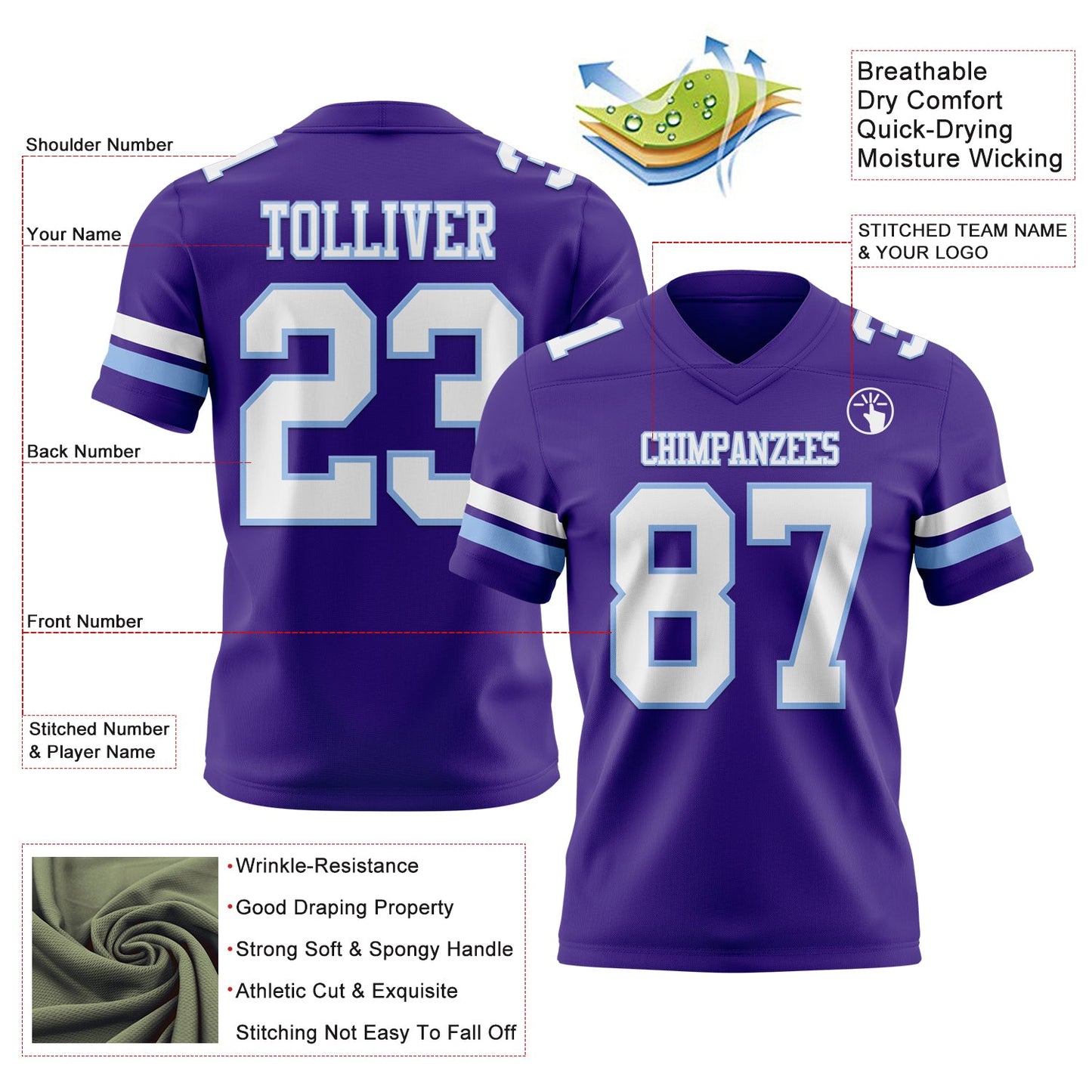 Custom Purple White-Light Blue Authentic Football Jersey view 3