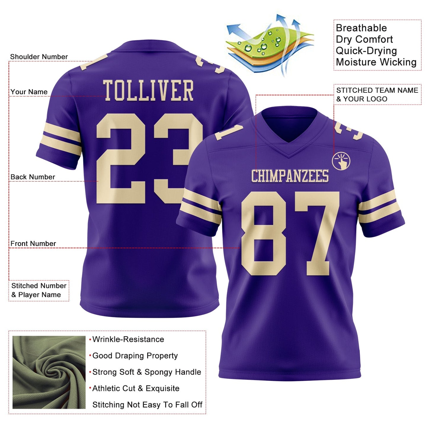 Custom Purple Cream Authentic Football Jersey view 3
