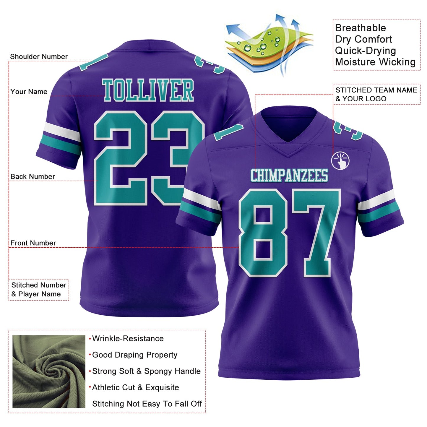 Custom Purple Teal-White Authentic Football Jersey view 3