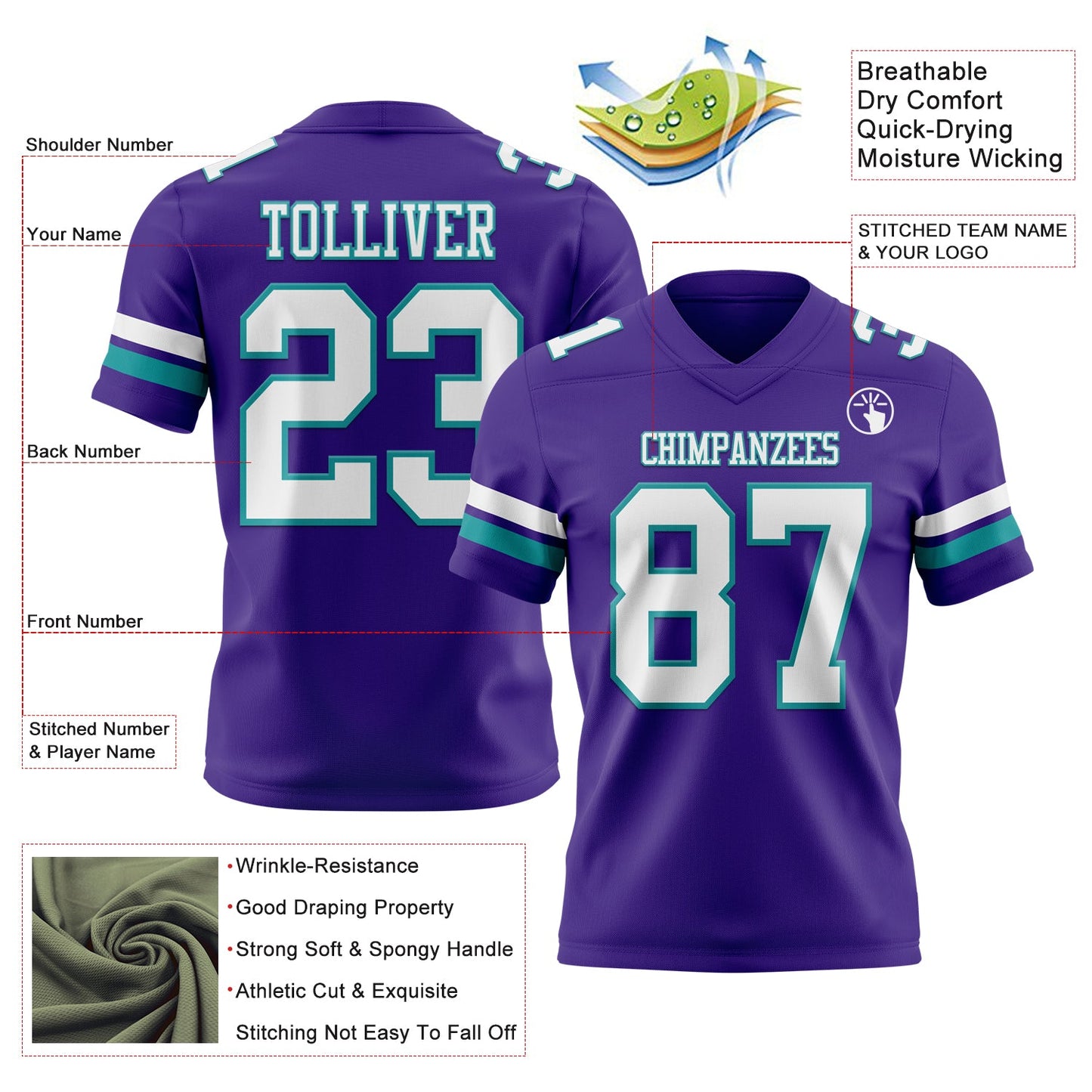 Custom Purple White-Teal Authentic Football Jersey view 3