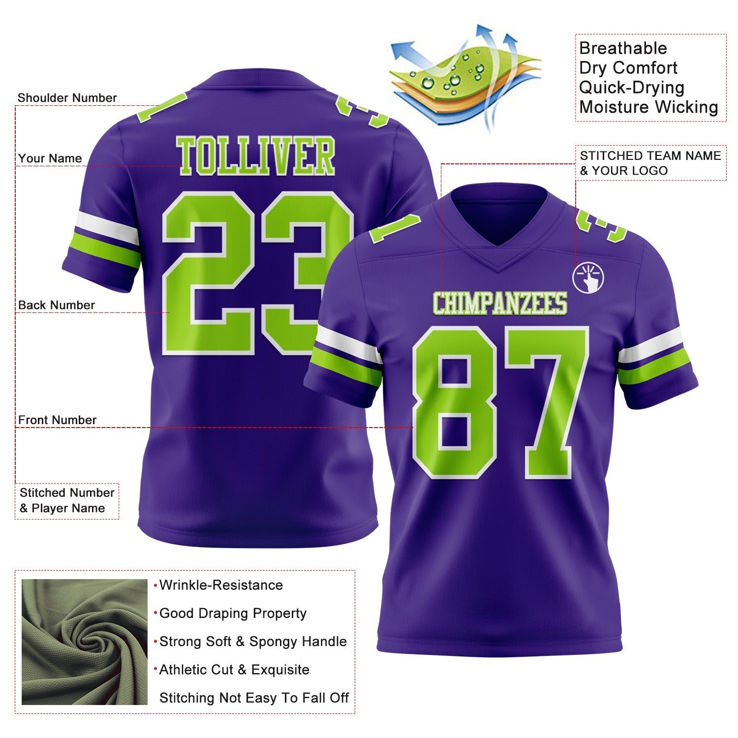 Custom Purple Neon Green-White Authentic Football Jersey view 3
