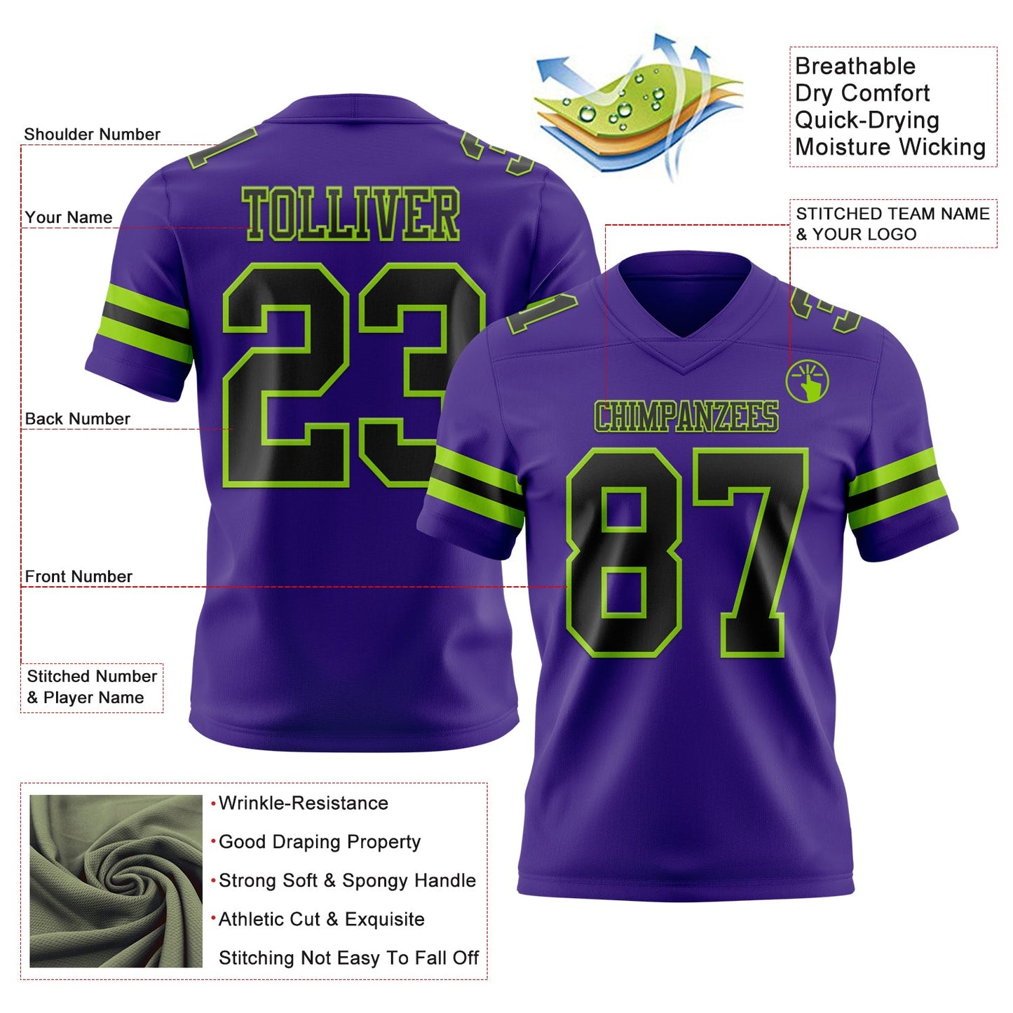 Custom Purple Black-Neon Green Authentic Football Jersey view 3