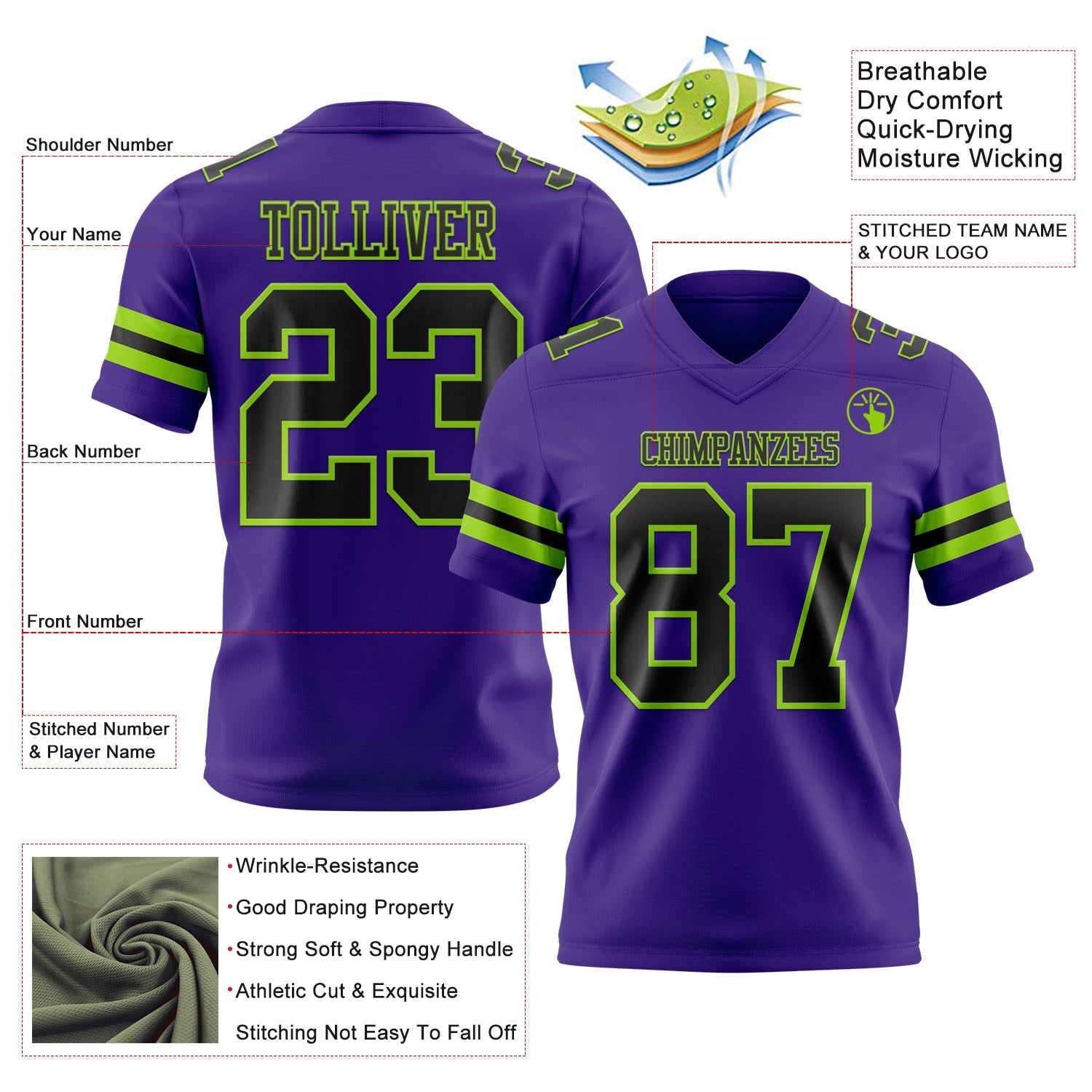 Custom Purple Black-Neon Green Authentic Football Jersey view 3