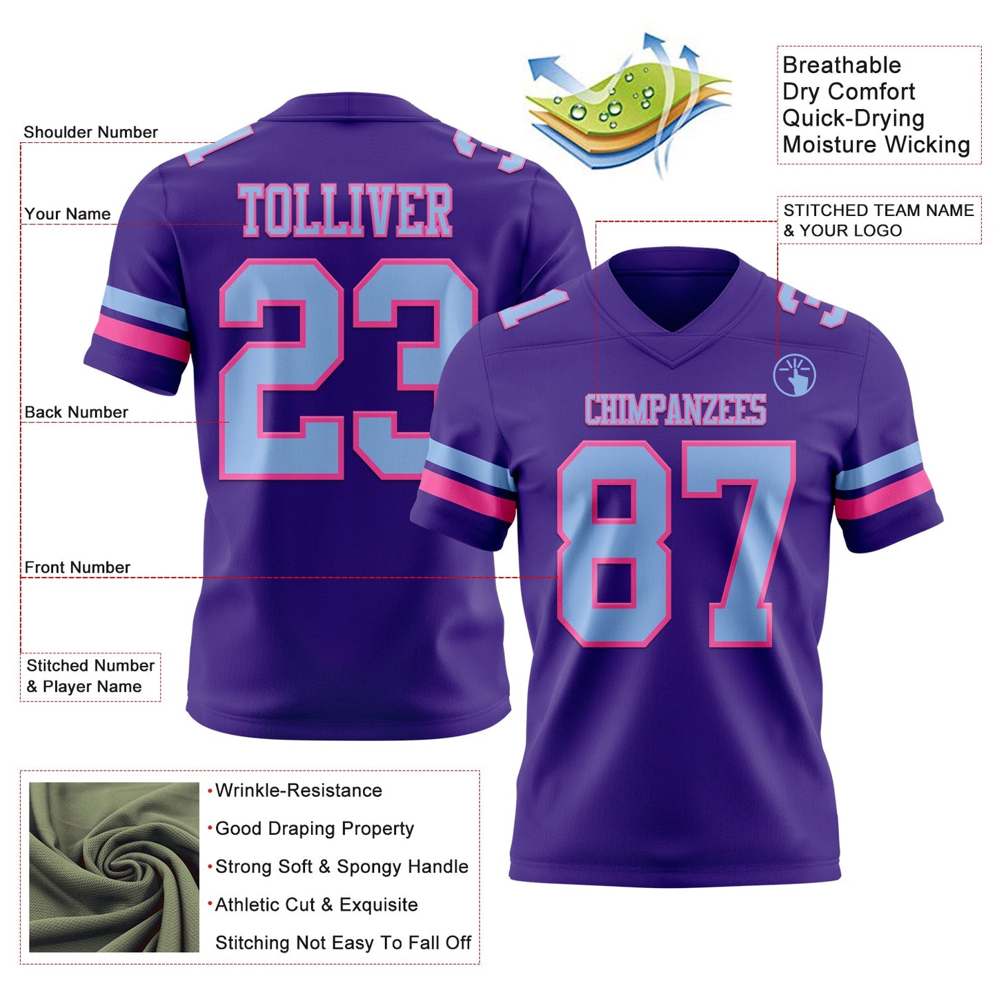 Custom Purple Light Blue-Pink Authentic Football Jersey view 3