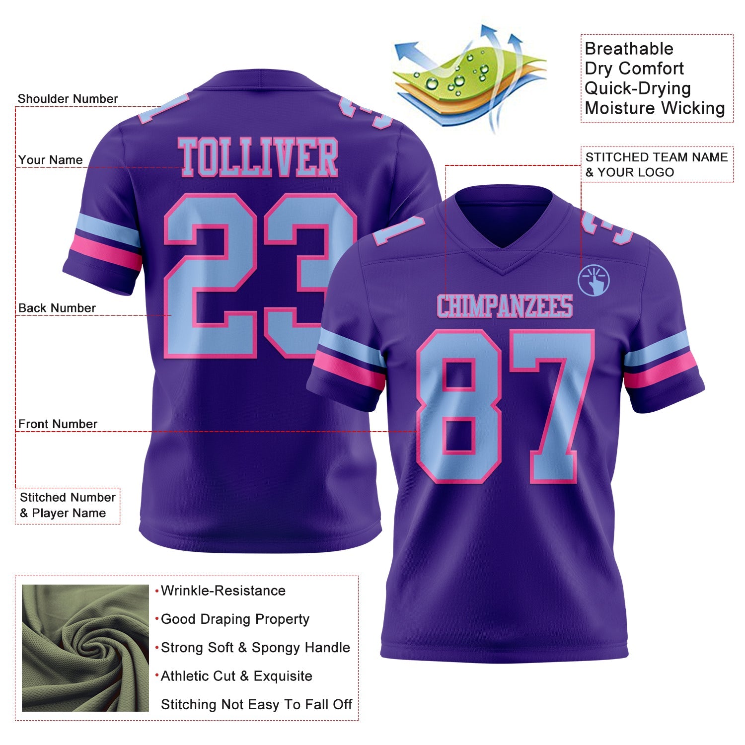 Custom Purple Light Blue-Pink Authentic Football Jersey view 3