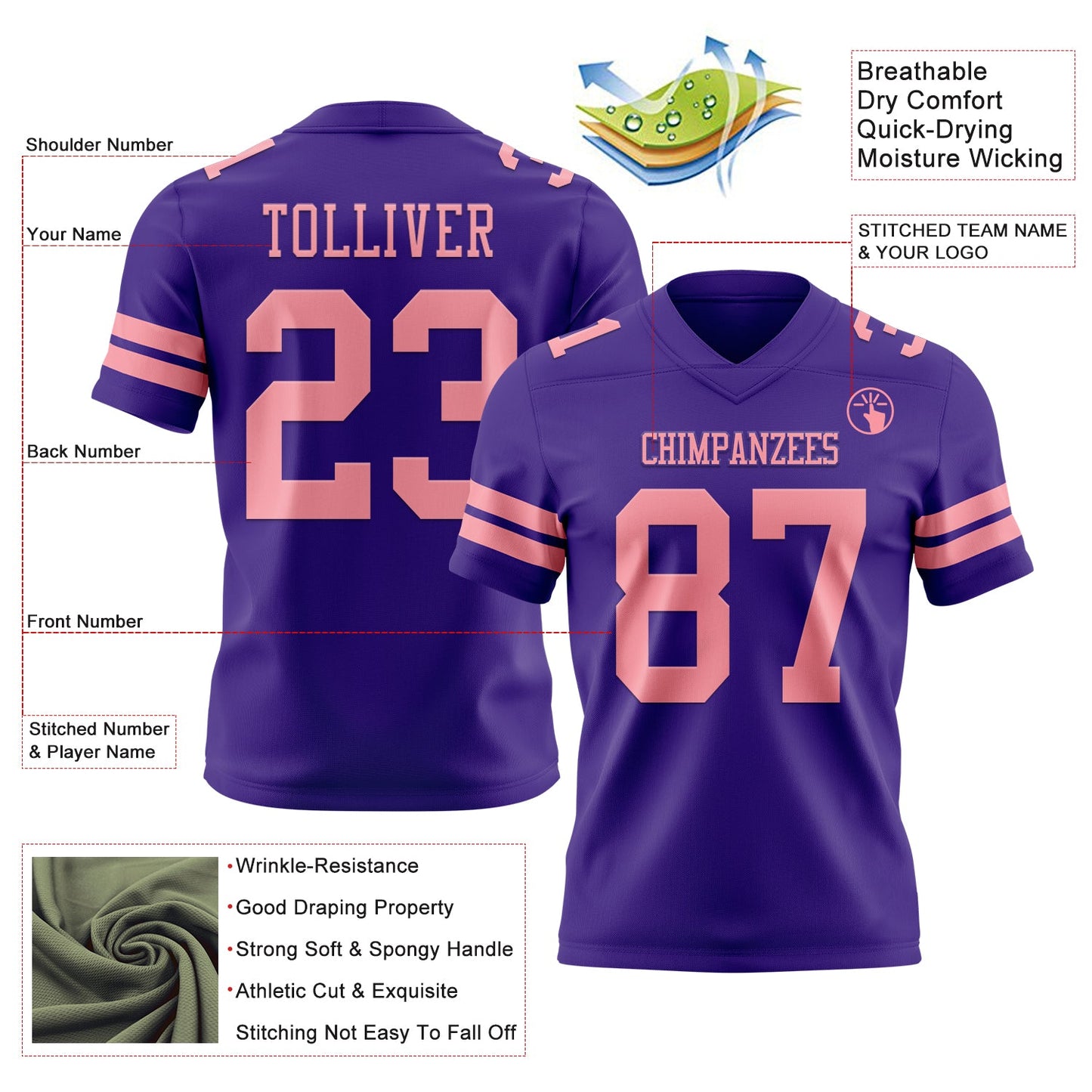 Custom Purple Medium Pink Authentic Football Jersey view 3