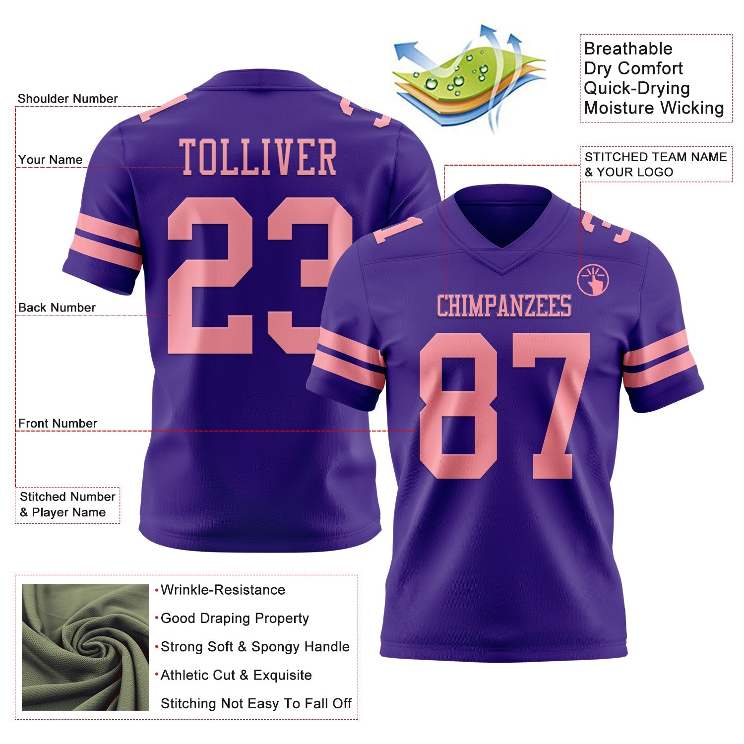 Custom Purple Medium Pink Authentic Football Jersey view 3