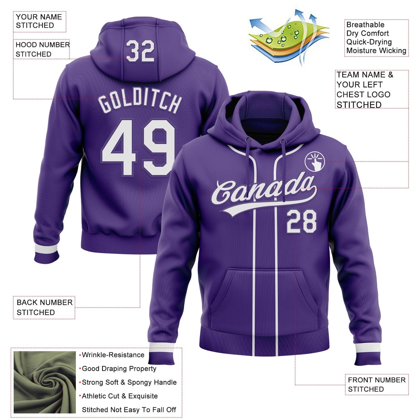 Custom Stitched Purple White Baseball Pullover Sweatshirt Hoodie view 2