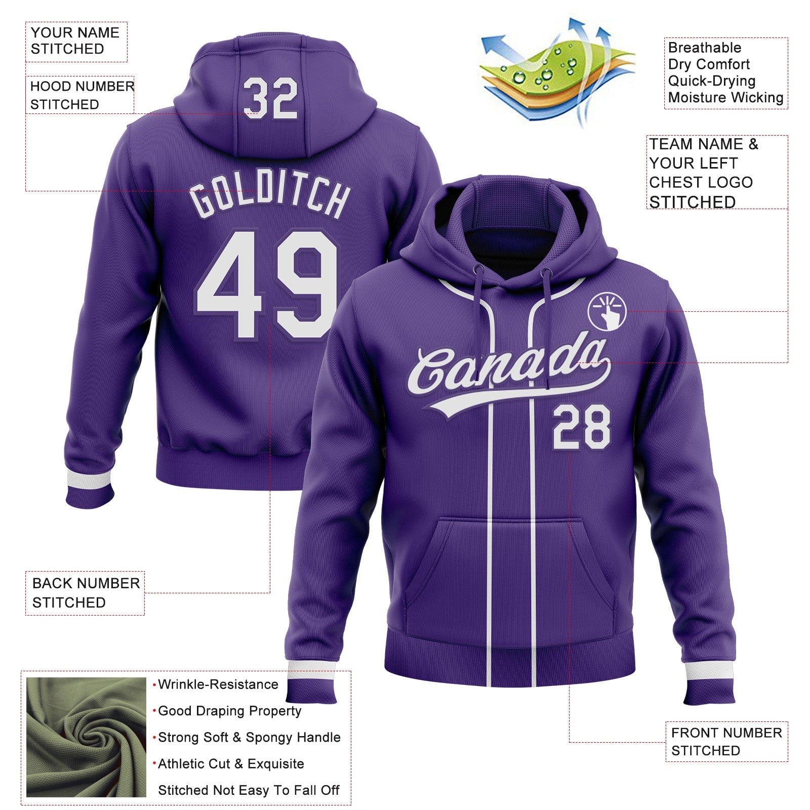 Custom Stitched Purple White Baseball Pullover Sweatshirt Hoodie view 2