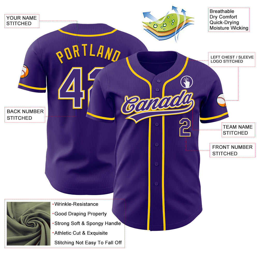 Custom Purple White-Yellow Authentic Baseball Jersey view 3