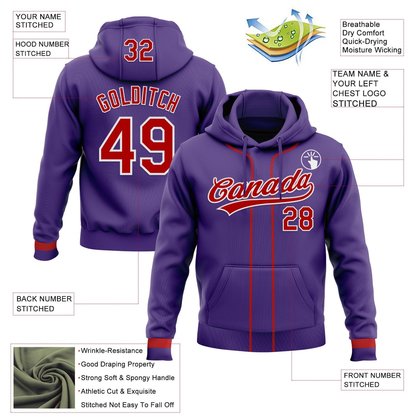 Custom Stitched Purple Red-White Baseball Pullover Sweatshirt Hoodie view 2