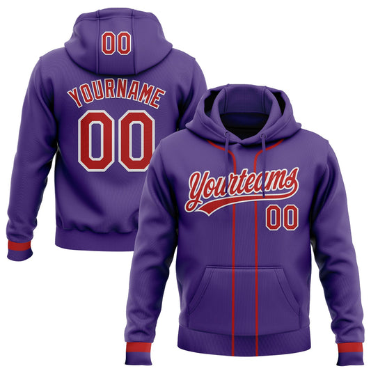 Custom Stitched Purple Red-White Baseball Pullover Sweatshirt Hoodie - Main View