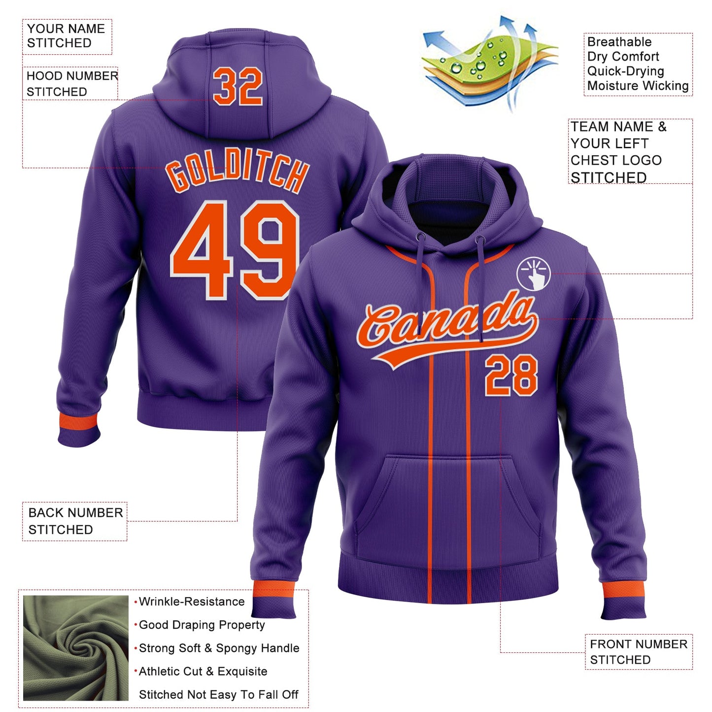 Custom Stitched Purple Orange-White Baseball Pullover Sweatshirt Hoodie view 2