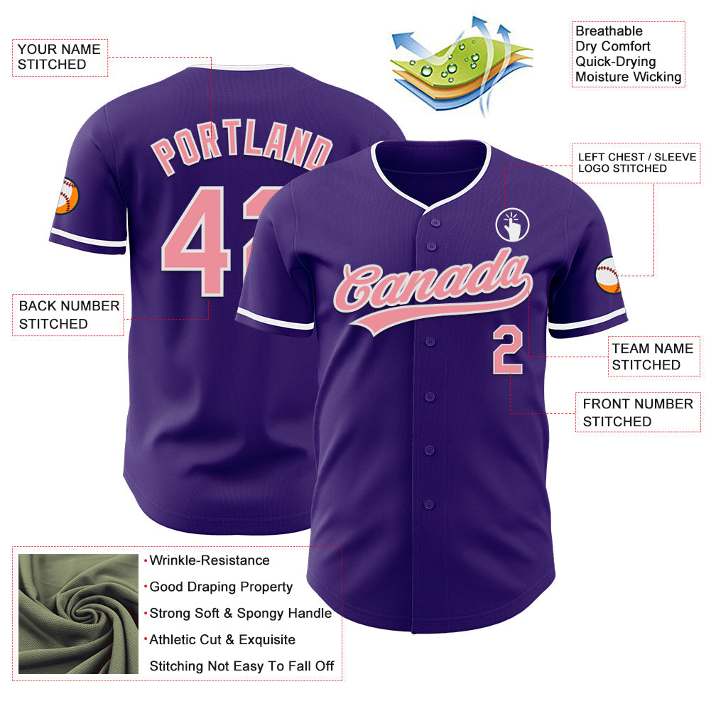 Custom Purple Medium Pink-White Authentic Baseball Jersey view 3