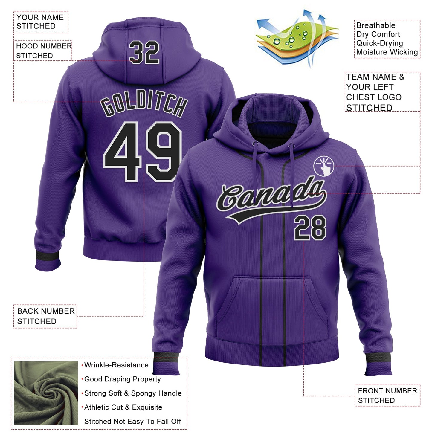 Custom Stitched Purple Black-White Baseball Pullover Sweatshirt Hoodie view 2